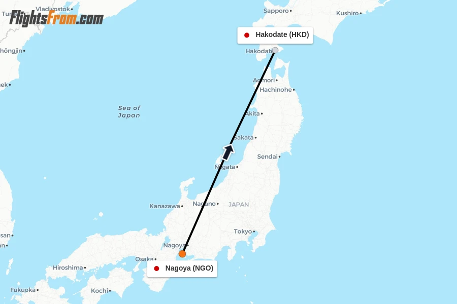 Flights from Nagoya to Hakodate route map