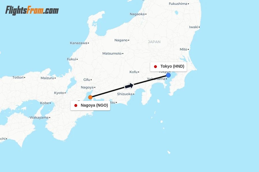 Flights from Nagoya to Tokyo route map