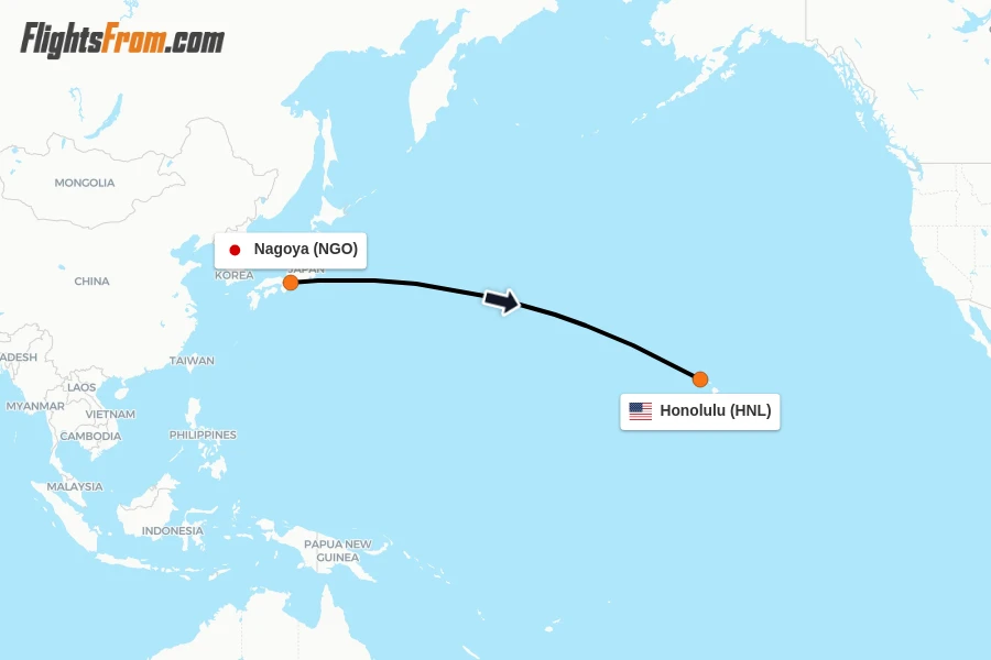 Flights from Nagoya to Honolulu route map