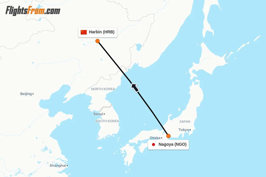 Flights from Nagoya to Harbin route map