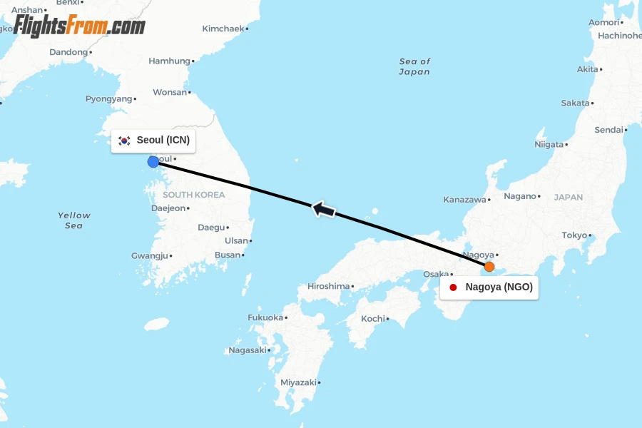 Flights from Nagoya to Seoul route map