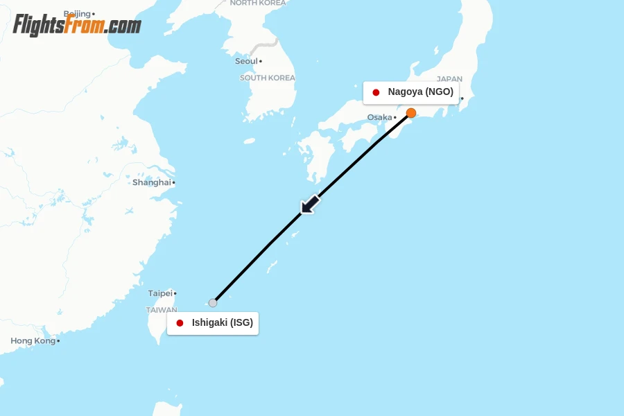 Flights from Nagoya to Ishigaki route map