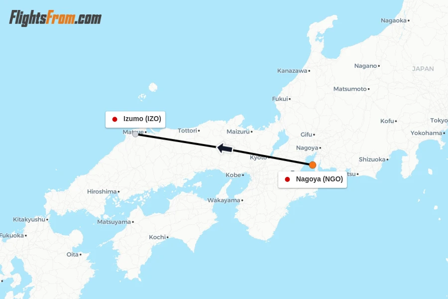 Flights from Nagoya to Izumo route map