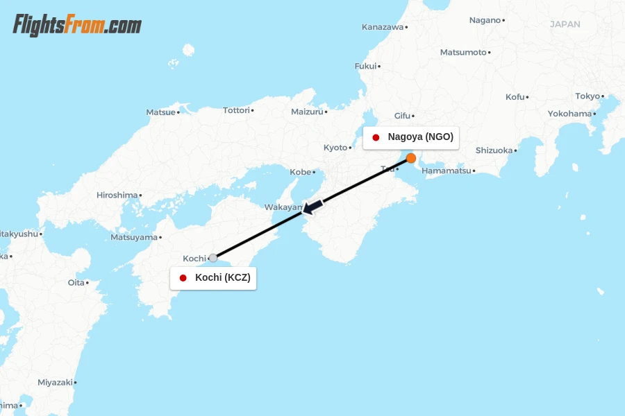 Flights from Nagoya to Kochi route map