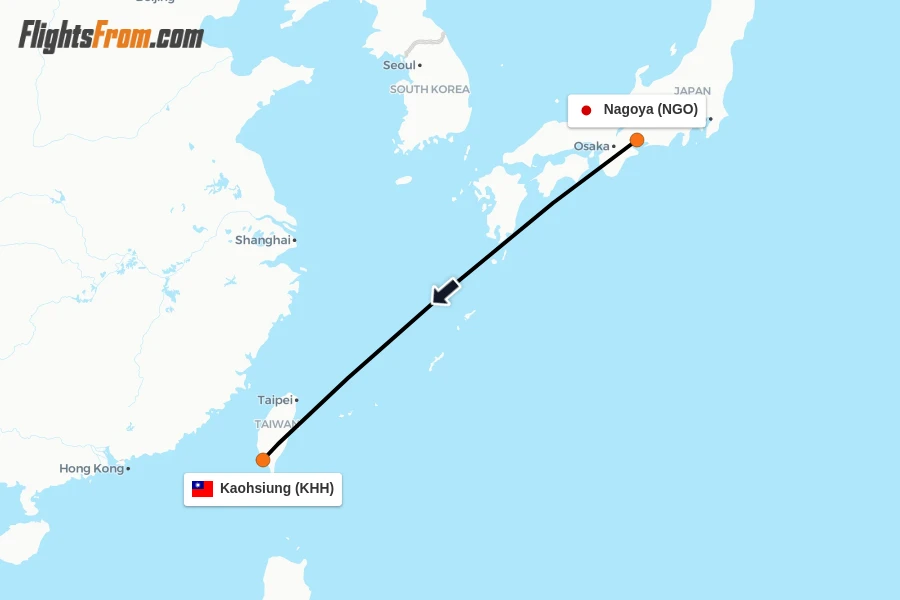 Flights from Nagoya to Kaohsiung route map