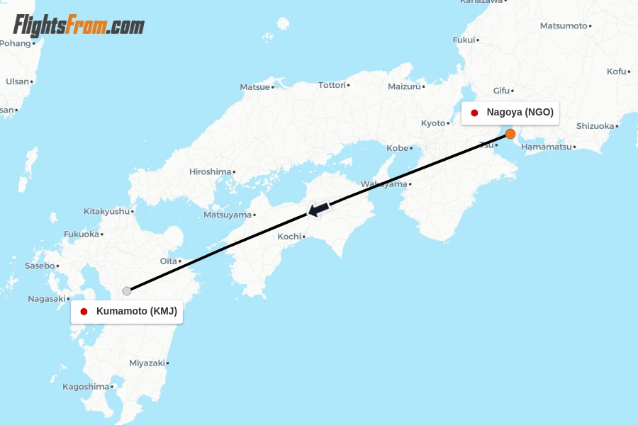 Flights from Nagoya to Kumamoto route map
