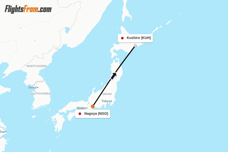 Flights from Nagoya to Kushiro route map