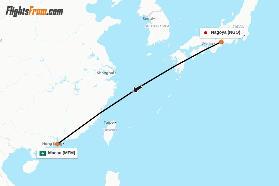 Flights from Nagoya to Macau route map