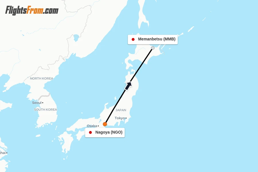Flights from Nagoya to Memanbetsu route map