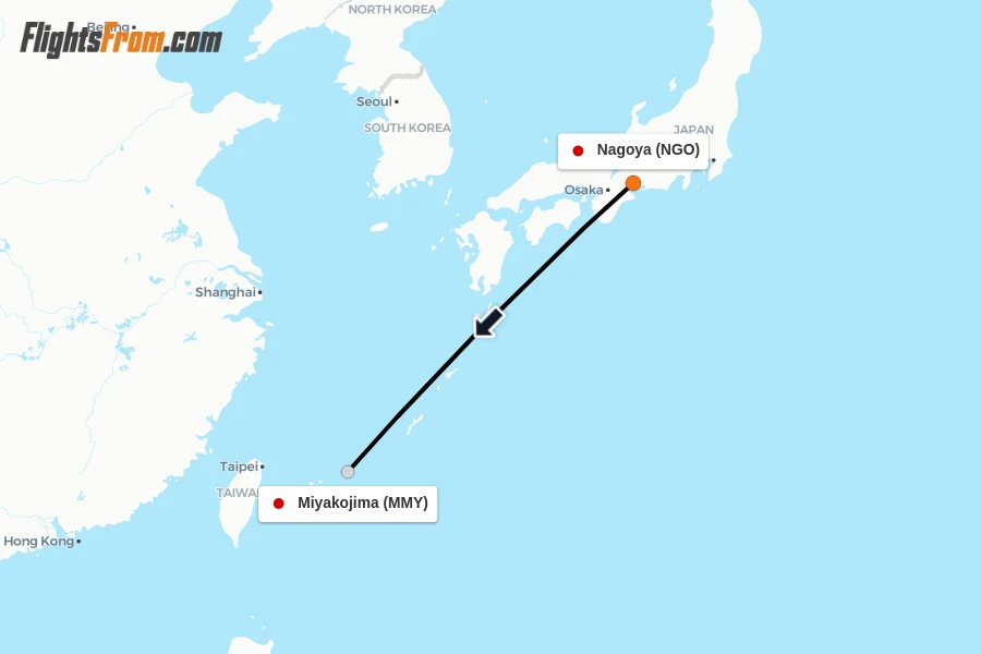 Flights from Nagoya to Miyakojima route map