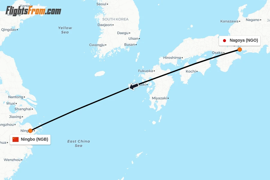 Flights from Nagoya to Ningbo route map