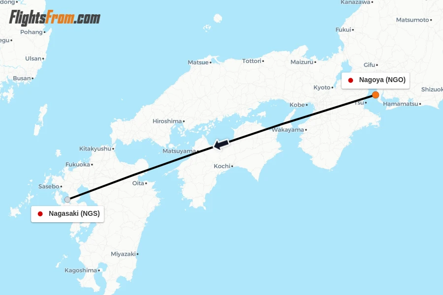 Flights from Nagoya to Nagasaki route map
