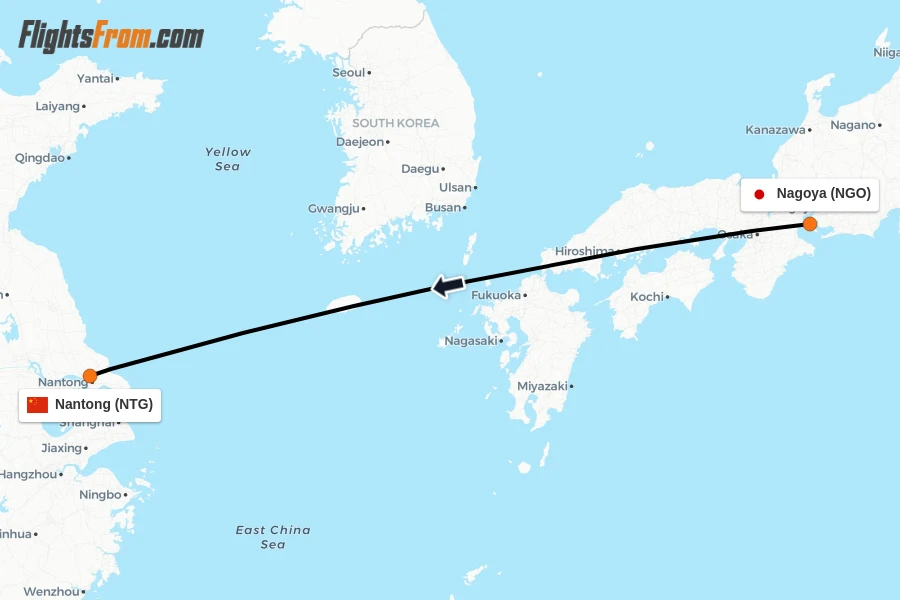 Flights from Nagoya to Nantong route map