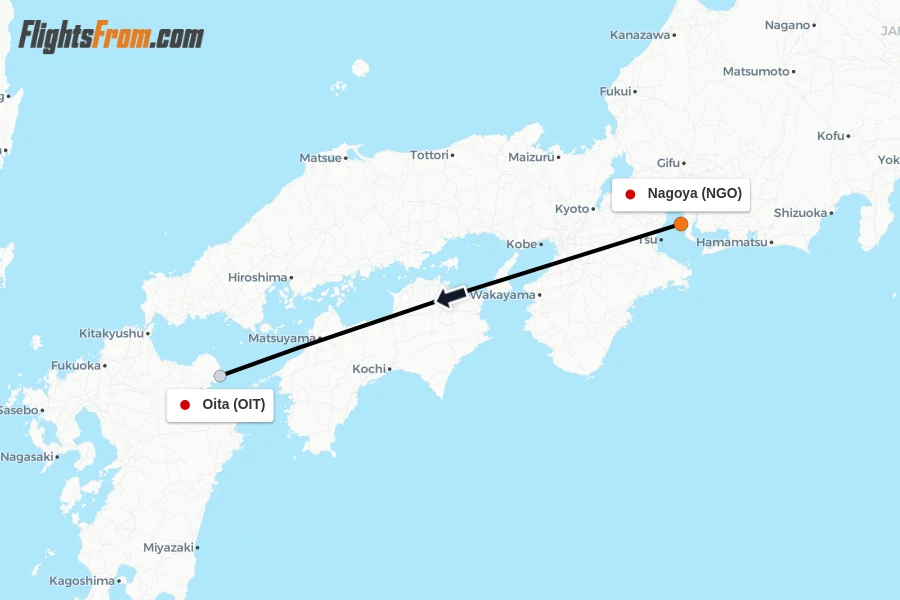 Flights from Nagoya to Oita route map