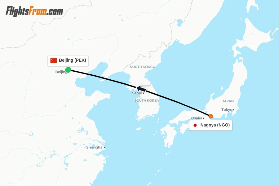Flights from Nagoya to Beijing route map