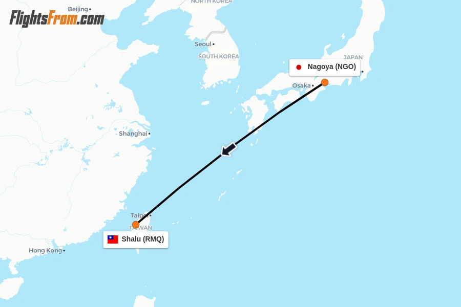Flights from Nagoya to Shalu route map