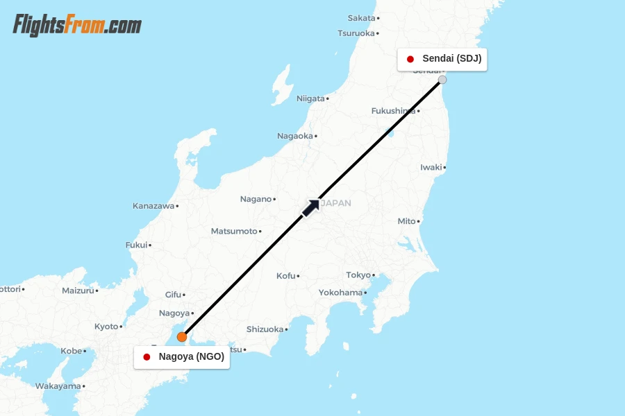 Flights from Nagoya to Sendai route map