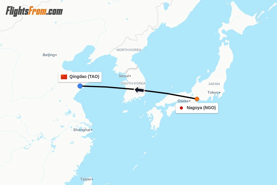 Flights from Nagoya to Qingdao route map