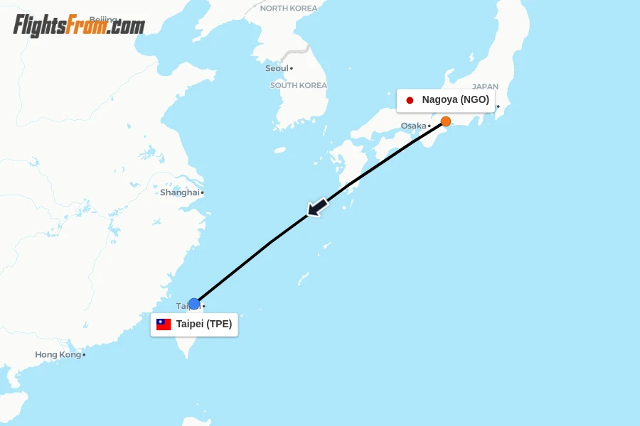 Flights from Nagoya to Taipei route map