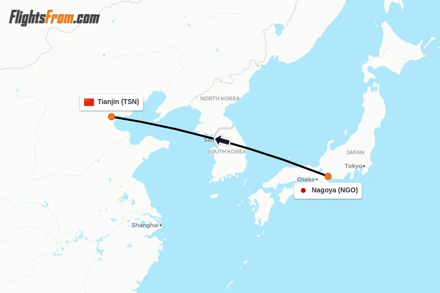 Flights from Nagoya to Tianjin route map