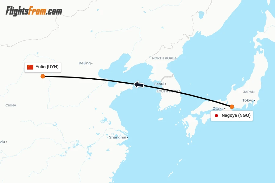Flights from Nagoya to Yulin route map