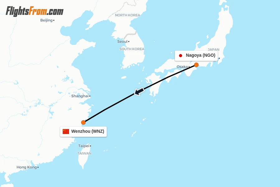 Flights from Nagoya to Wenzhou route map