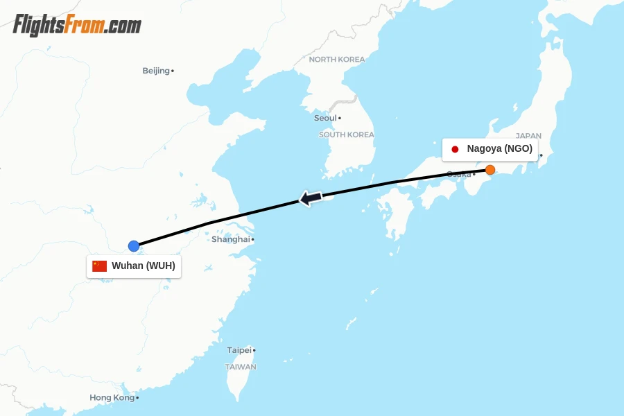 Flights from Nagoya to Wuhan route map