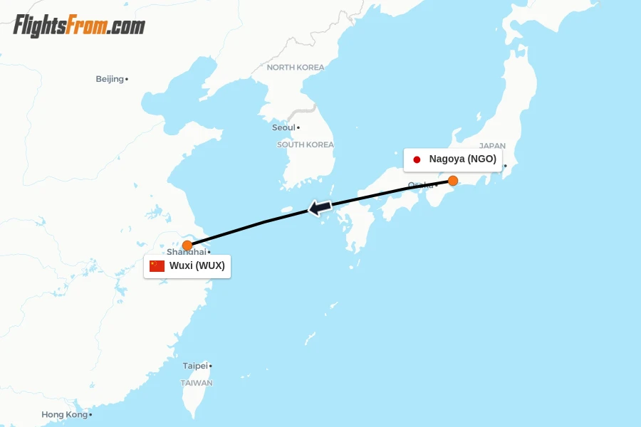 Flights from Nagoya to Wuxi route map