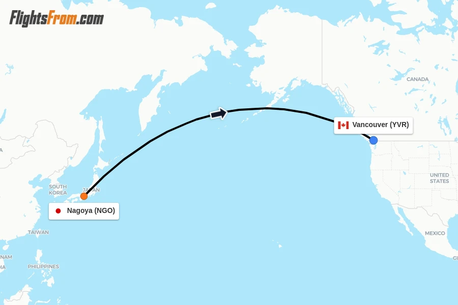 Flights from Nagoya to Vancouver route map