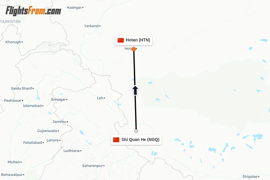 Flights from Shi Quan He to Hotan route map