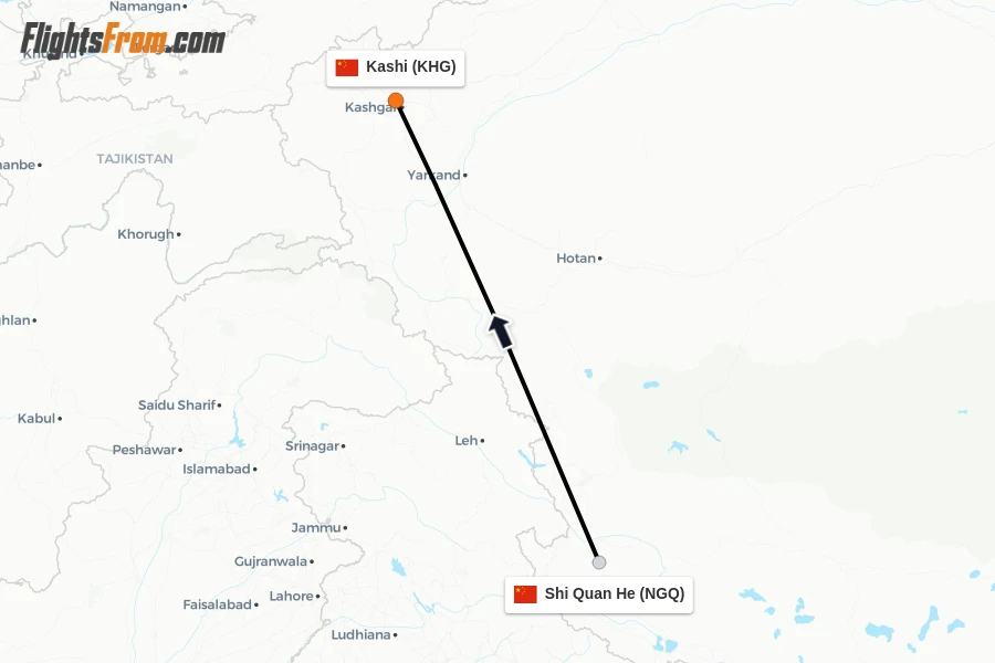 Flights from Shi Quan He to Kashi route map