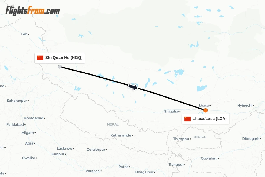 Flights from Shi Quan He to Lhasa/Lasa route map