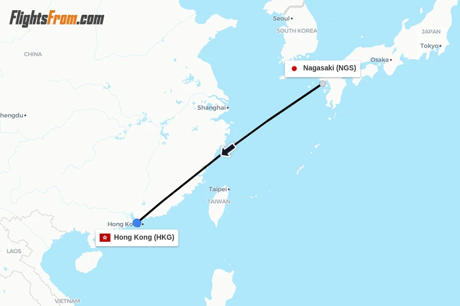 Flights from Nagasaki to Hong Kong route map