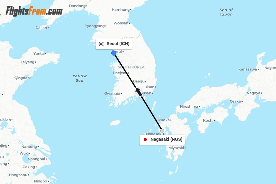 Flights from Nagasaki to Seoul route map