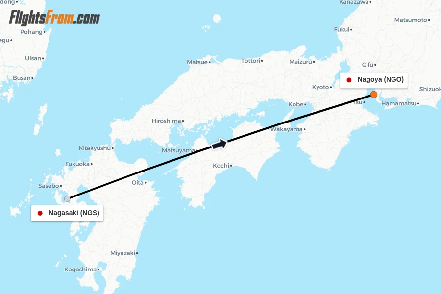 Flights from Nagasaki to Nagoya route map