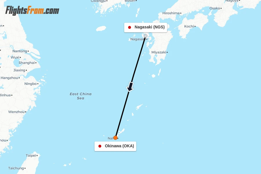Flights from Nagasaki to Okinawa route map