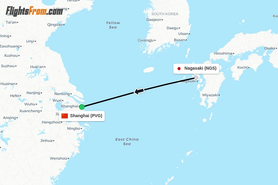 Flights from Nagasaki to Shanghai route map