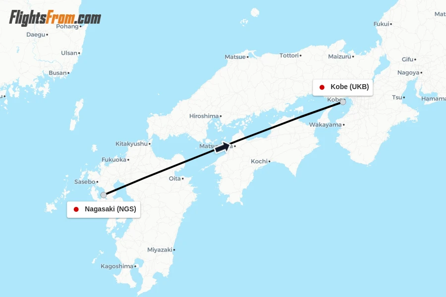 Flights from Nagasaki to Kobe route map