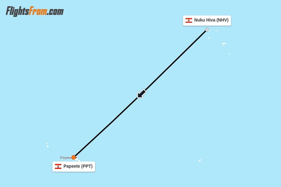 Flights from Nuku Hiva to Papeete route map