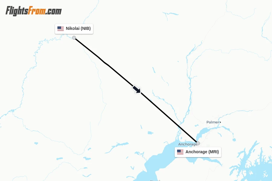 Flights from Nikolai to Anchorage route map