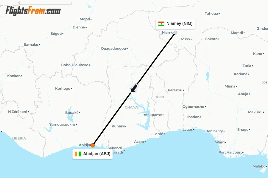 Flights from Niamey to Abidjan route map