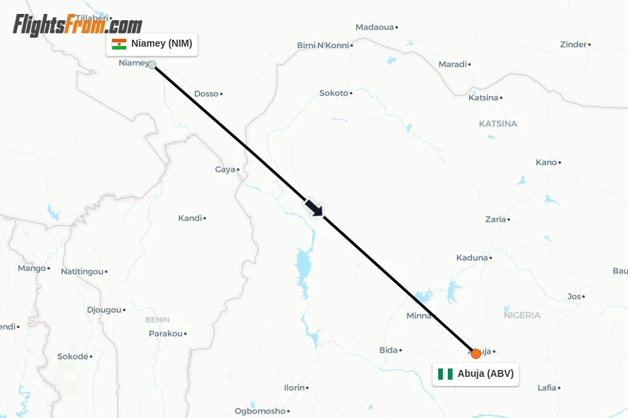 Flights from Niamey to Abuja route map
