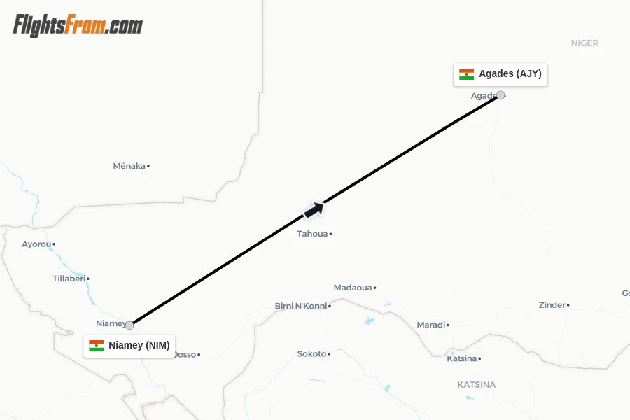 Flights from Niamey to Agades route map