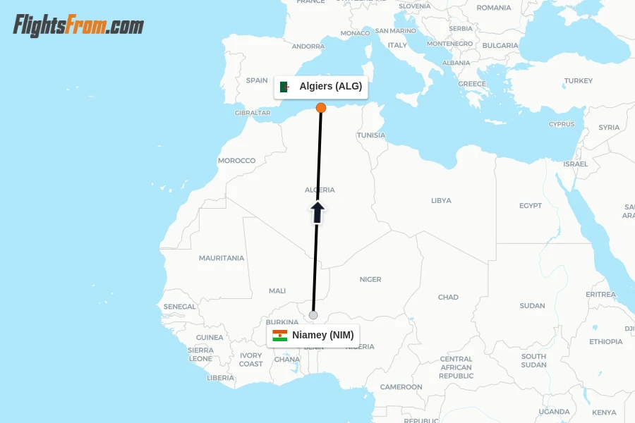 Flights from Niamey to Algiers route map