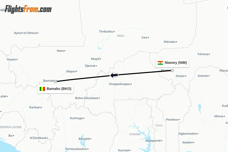 Flights from Niamey to Bamako route map
