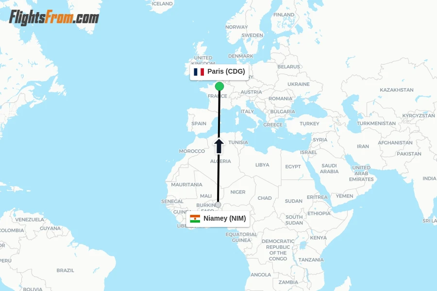Flights from Niamey to Paris route map