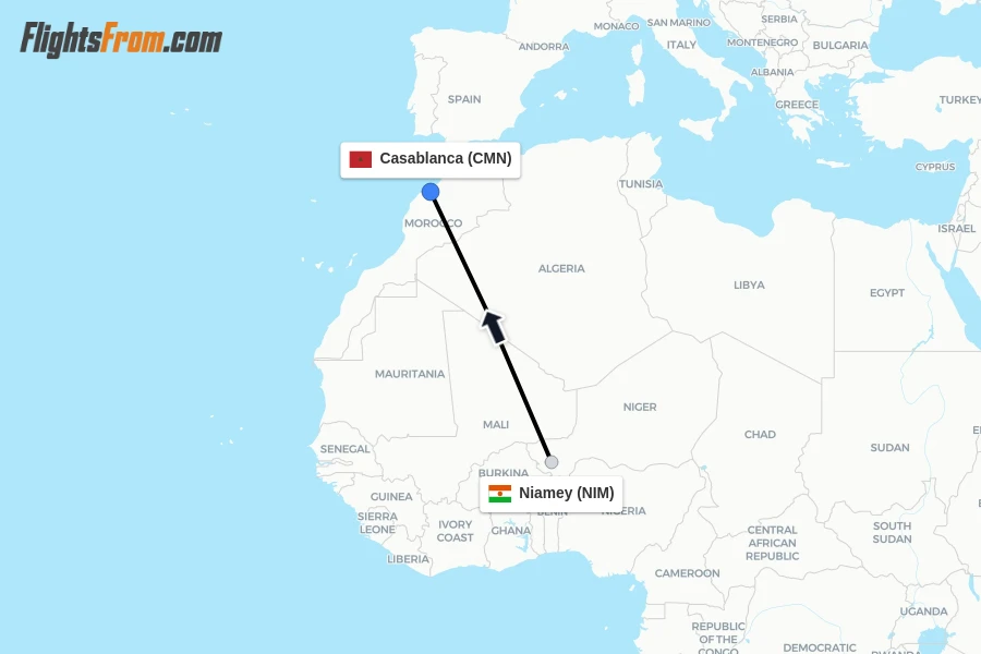 Flights from Niamey to Casablanca route map
