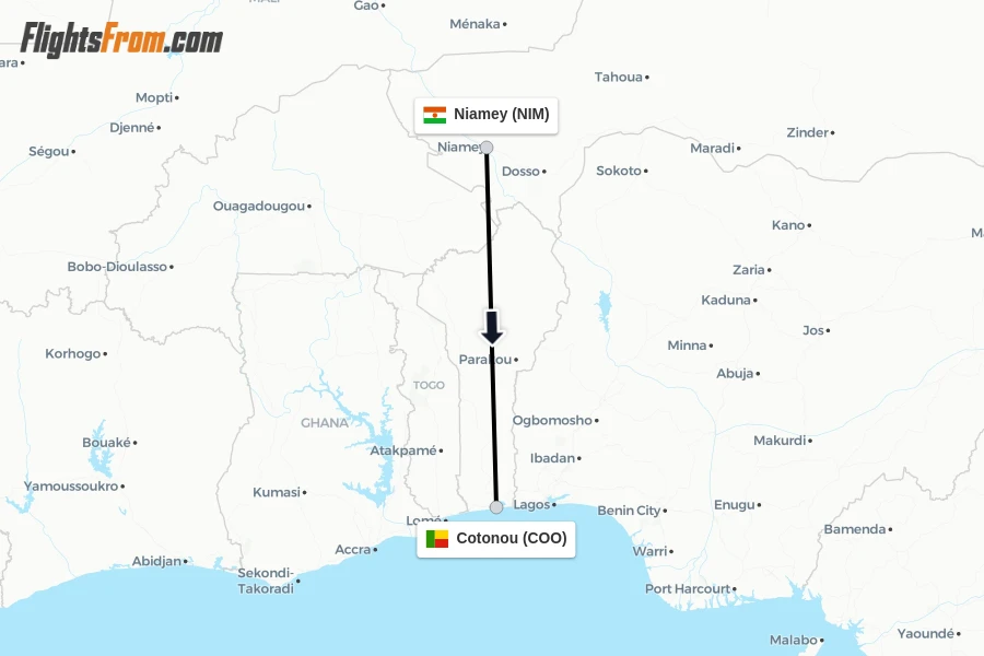 Flights from Niamey to Cotonou route map