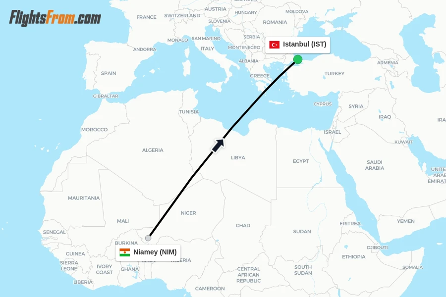 Flights from Niamey to Istanbul route map