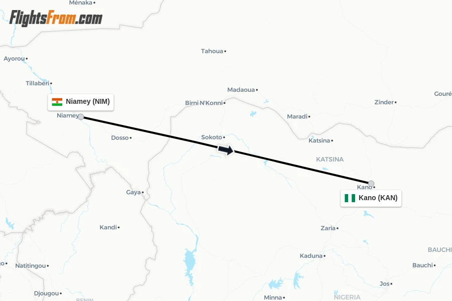 Flights from Niamey to Kano route map